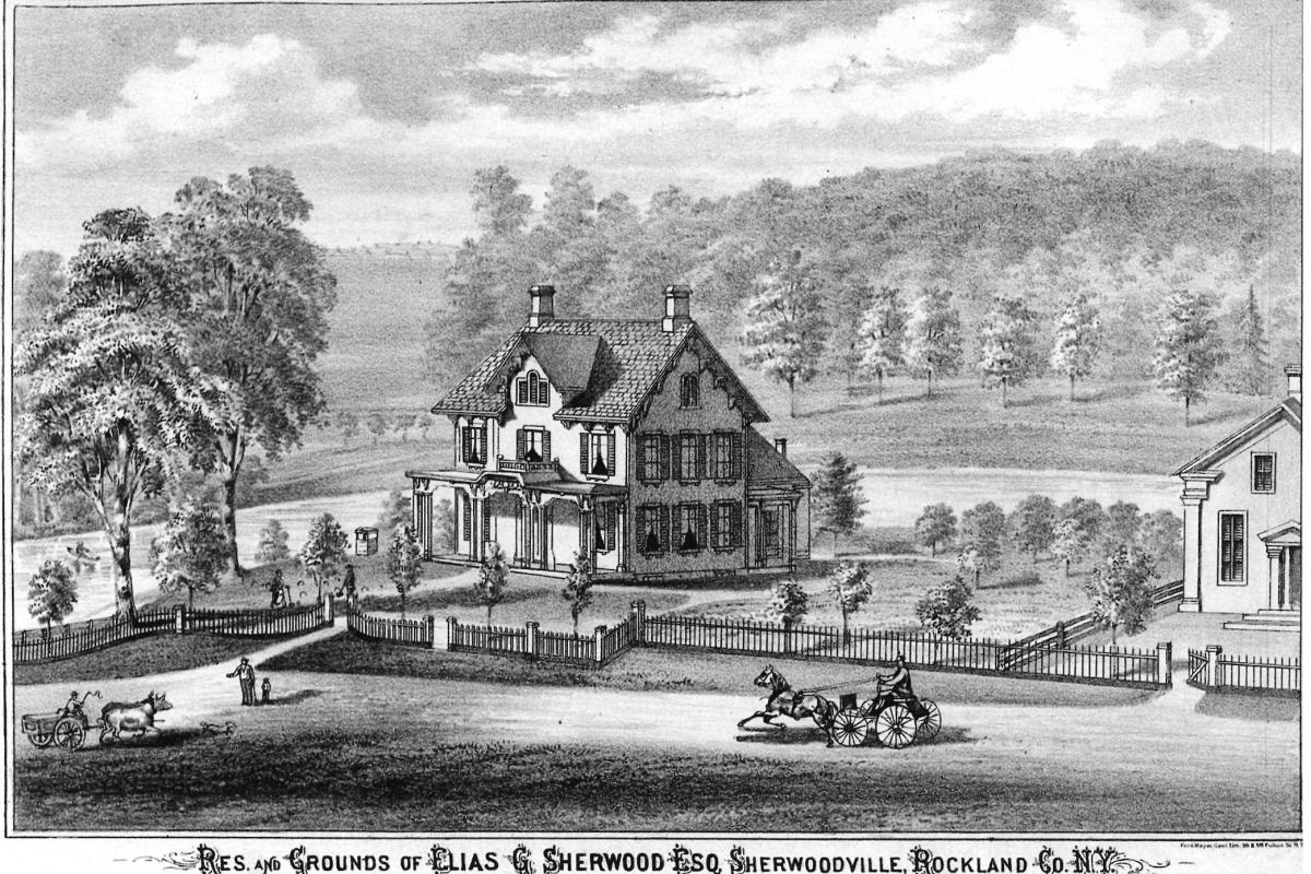 Lithograph image from 1876 of the residence and grounds of Elias G. Sherwood, Esq., Sherwoodville